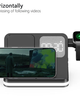 Mobile wireless charger, headphones, and watches can both be charged with clock function