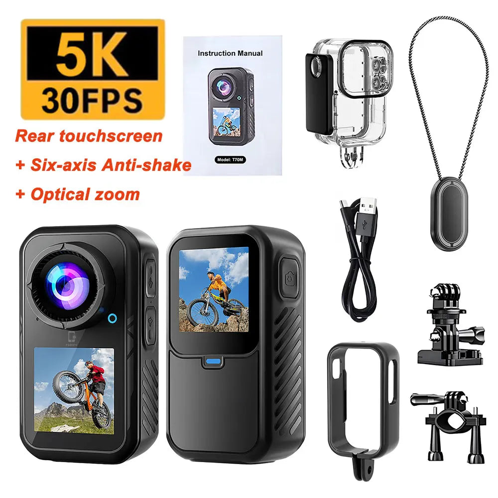 5K Thumb Action Camera 4K 60FPS Waterproof Magnetic Sports Body Cam with 6-Axis Stabilization WiFi Touch Screen