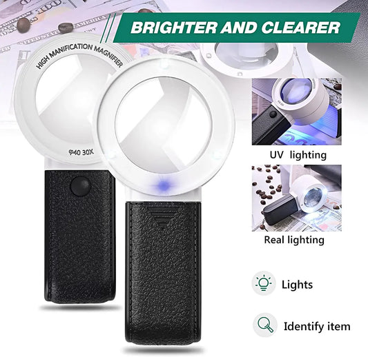 30X LED UV Magnifying Glass Handheld Loupe Dual Lens