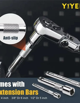 6pcs Flex Head Ratchet Set 1/4" 3/8" 1/2" Drive 180° Adjustable Swivel Head Ratchet Wrench with Extension Bar 72 Tooth