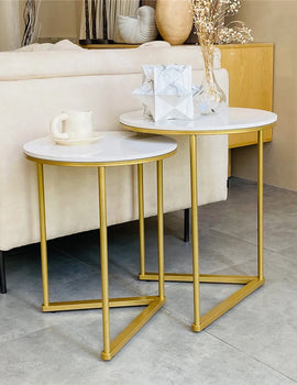 Modern Round Marble Metal Base Nesting Set Side Accent Table Living Room Storage Small End Table, Set of 2, Marble and Gold