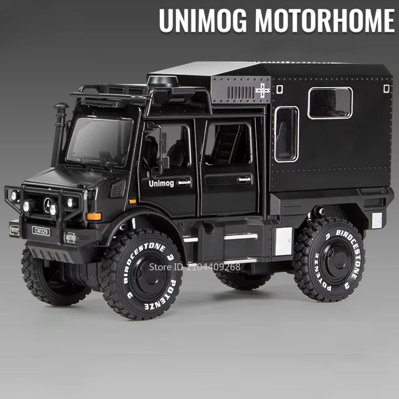 1:28 Scale Unimog U5000 Land Rover Defender Toy Car Model Rubber Tire Alloy Diecast Sound Light Off-Road Vehicle Toy