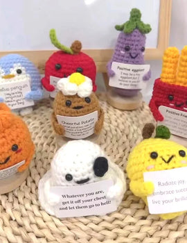 3 Pcs Positive Energy French Fries Doll Creative Handmade Plush Wool Knitting Doll with Card Home Room Decoration Christmas Gift