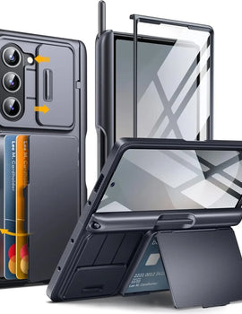 For Samsung Galaxy Z Fold 6 Case with Card Holder and Bulit in S Pen Holder Rugged Hinge Protection Wallet Kickstand Phone Case