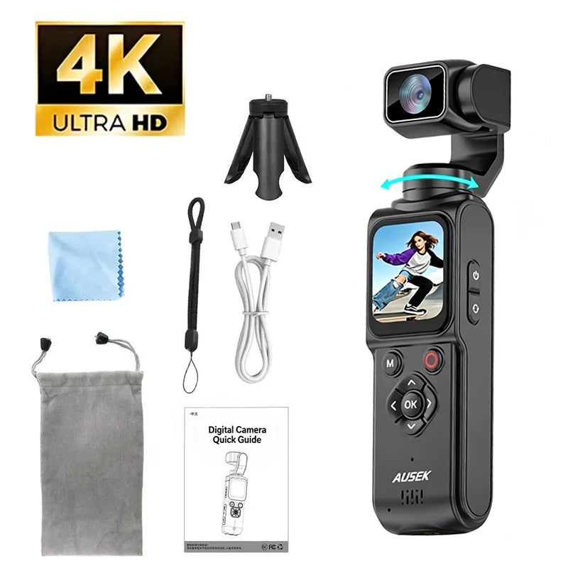 4K Pocket Action Camera 330° Auto-Rotate Lens Face Tracking Touchscreen Vlog Camera with WiFi