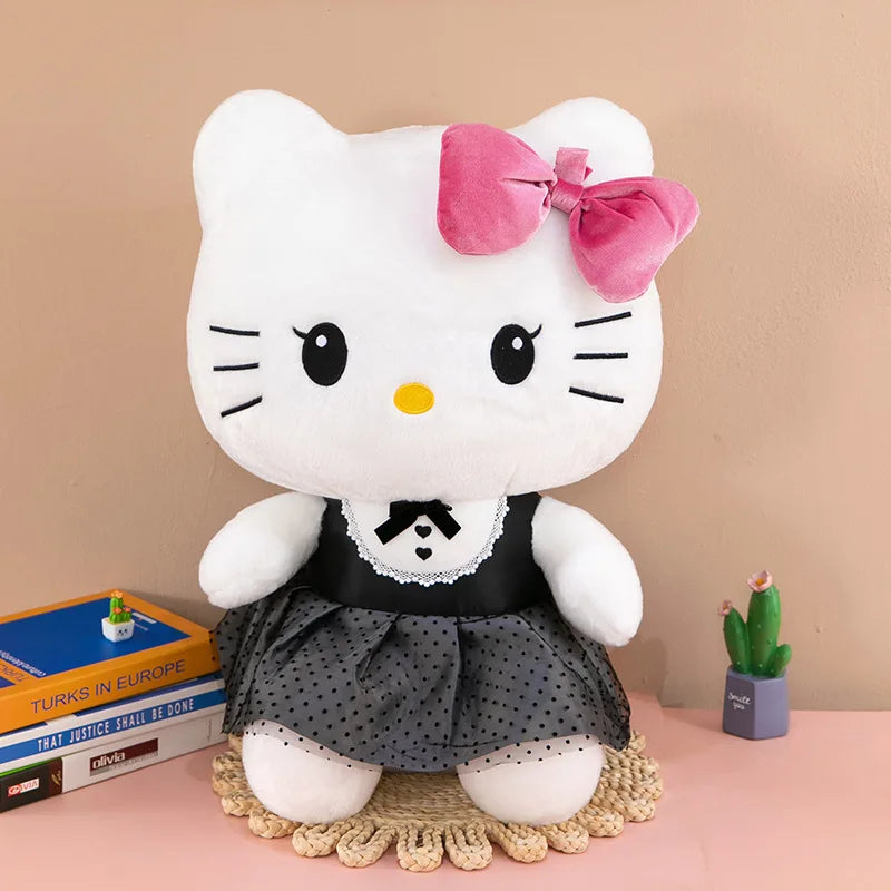 Kawaii Kuromi My Melody Plush Toy with Black Bow Skirt Cute Hello Kitty Stuffed Doll for Kids Birthday Xmas Gift Large Size Toy