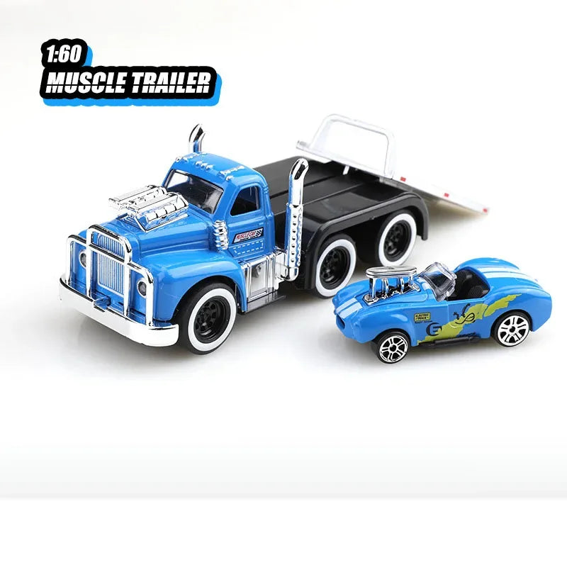 1:60 Scale American Muscle Alloy Trailer Cars Diecast Models Toys with Sound Light Pull Back Vehicle Boys Collection Gifts