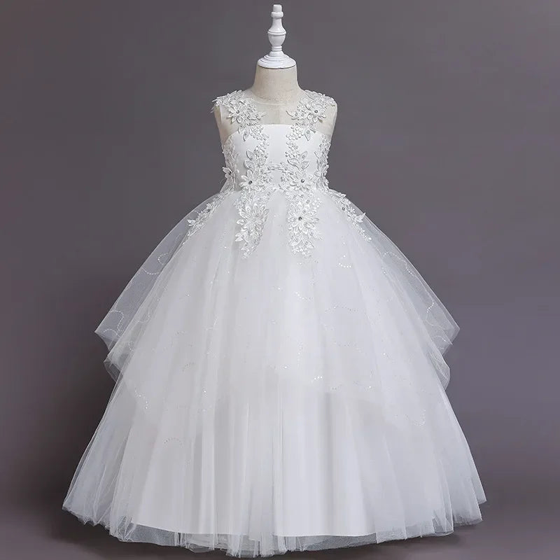 Summer Flower Girls Party Lace Dress Kids Long Princess Dress Mesh Children's Day Clothing Gowns for Girls for Wedding
