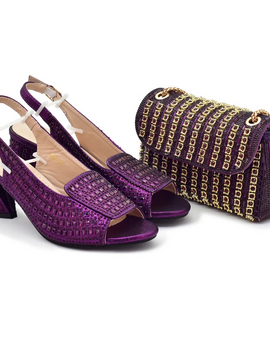 Nigerian Women's Purple Color Mid Heels Frosted Crystal Shiny Rhinestone Party Itaian Design Peep Toe Shoes and Bag Set