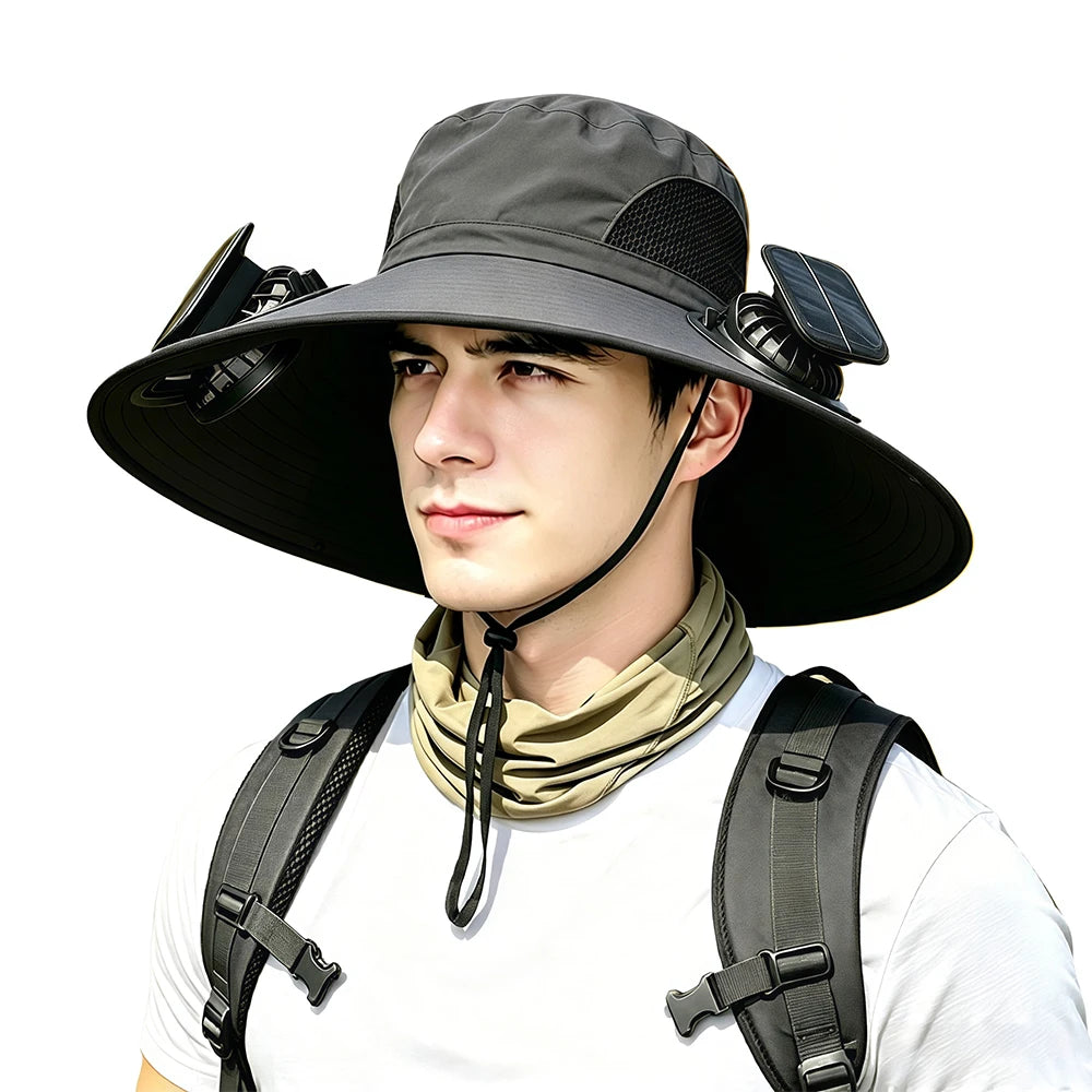Wide Brim Solar Fan Sun Hat With Dual Fans