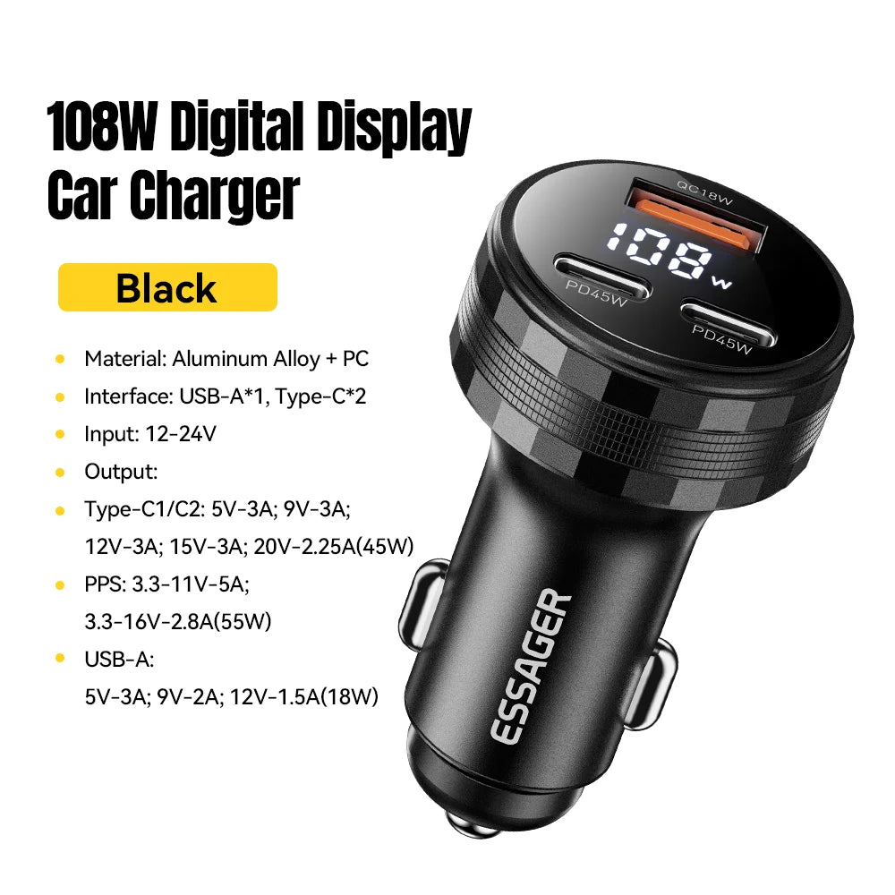 108W USB C Car Charger 3 Ports PD 3.0 Fast Charging Digital Display Dual Type C + USB Adapter