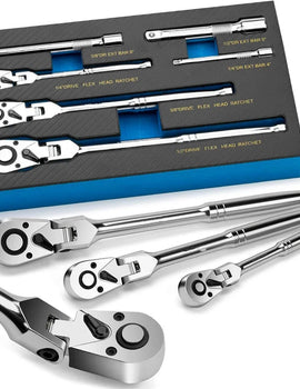 6pcs Flex Head Ratchet Set 1/4" 3/8" 1/2" Drive 180° Adjustable Swivel Head Ratchet Wrench with Extension Bar 72 Tooth