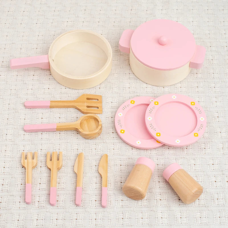 Wooden Pretend Play Kitchen Set with Pots Pans and Utensils