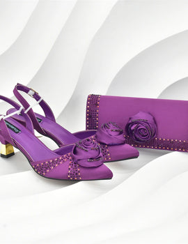Italian Wedding Matching Shoes and Bags Decorated with Handmade Flowers Diamonds Pointed Toe Women Pumps with Purse