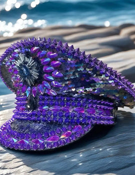 Purple Bling Captain Hat Rhinestone for Woman | Steampunk Military Cap for Burning Man Music Festivals Accessories