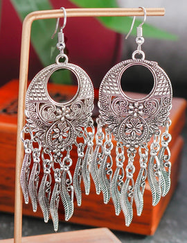 Vintage Tibet Silver Color Big Statement Hollow Carved Flowers Geometric Patterns Leaves Tassel Drop Earrings