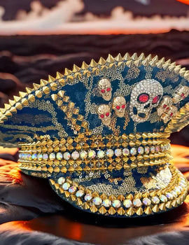 Golden Steampunk Captain Hat Rhinestone for Burning Man Festival Woman, Rave Festivals Accessories & Party Caps for Man