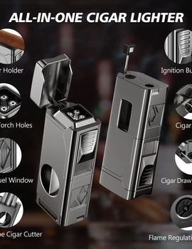 Cigar Lighter 4 Jet Flame Cigar Lighters with Cigar Cutter Cigar Accessories Cigar Draw Enhancer Windproof Refillable Butane