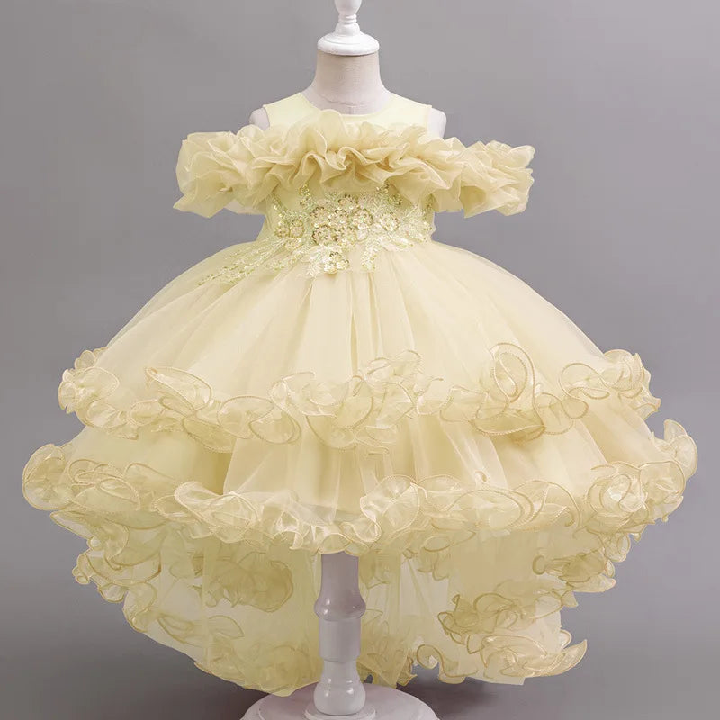 Luxury Off-Shoulder Girls' Dress - Convertible Tulle Ball Gown for Birthday Parties & On-Stage Events