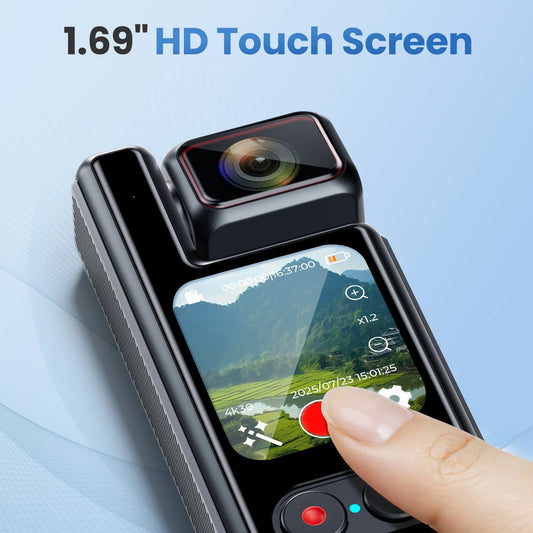 4K Pocket Action Camera with 4X Zoom Touch Screen Anti-Shake Waterproof Vlogging Sports Video Recorder