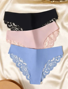 3Pcs/Kit Women Underwear 3 Pieces Women's Lace Panties Briefs Female Soft Ice Silk Lingerie Low Rise