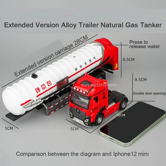 1:50 Extended Trailer Natural Gas Tanker Truck Alloy Dump Car Model Diecast Toy Sound Light Pull Back Doors Opened Cars Gift
