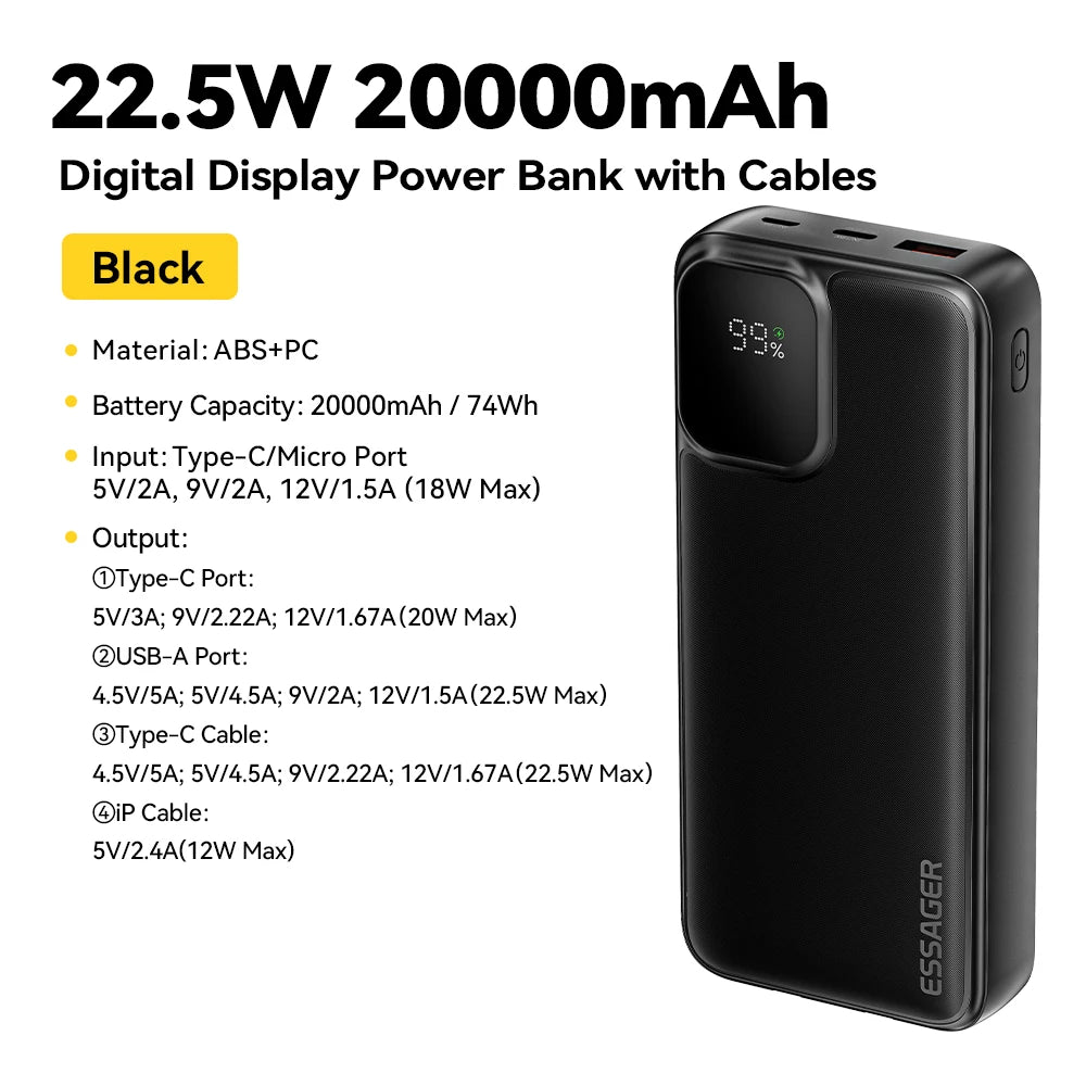 20000mAh Power Bank 22.5W PD Fast Charging with Built-in Type-C & Lightning Cables Digital Display Portable Charger