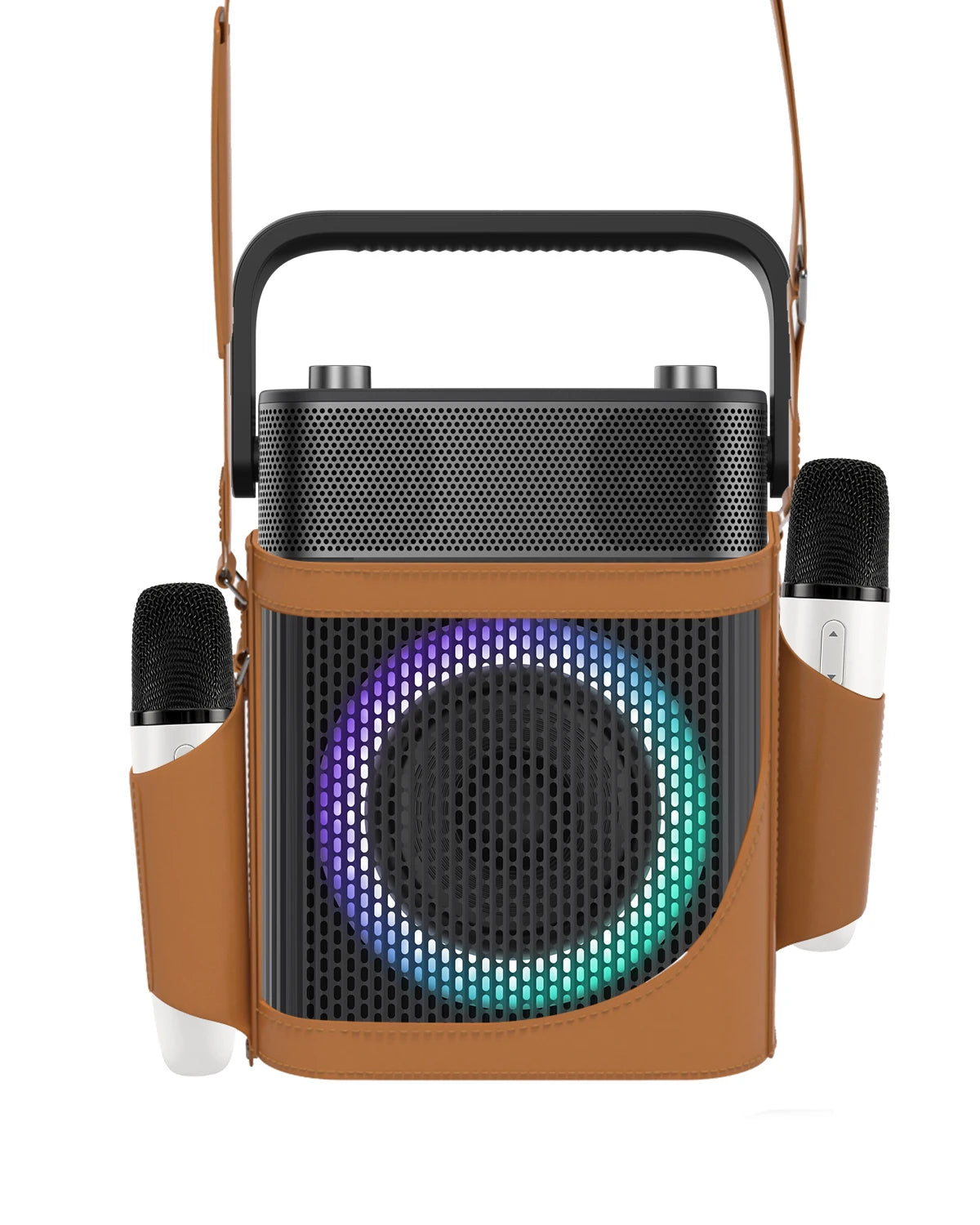 Portable Karaoke Machine with 2 UHF Wireless Microphones, Bluetooth Speaker with Leather Bag, IPX4 Waterproof, 18H Playtime, Extra Bass Sound