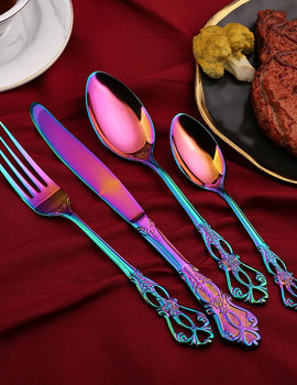 Retro Gold Cutlery Set Luxury Complete Tableware European Style Gift Box Stainless Steel Spoon Fork Steak Knife Set