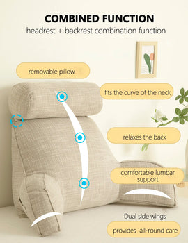 Reading Study Pillow,Bed Wedge with Arms and Pockets Bolster Back Support, Lumbar for Sofa,Office Chair Decorative Pillow