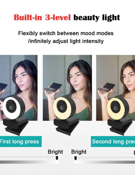 1080P Webcam Live Streaming Fill Light Web Cam for Pc USB Camera Auto Focal 60FPS for Online Study Conference Video Recording