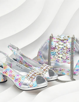 Rhinestone Design INS African Shoes and Bag Set in Silver Color Open Toe Comfortable Women Heels