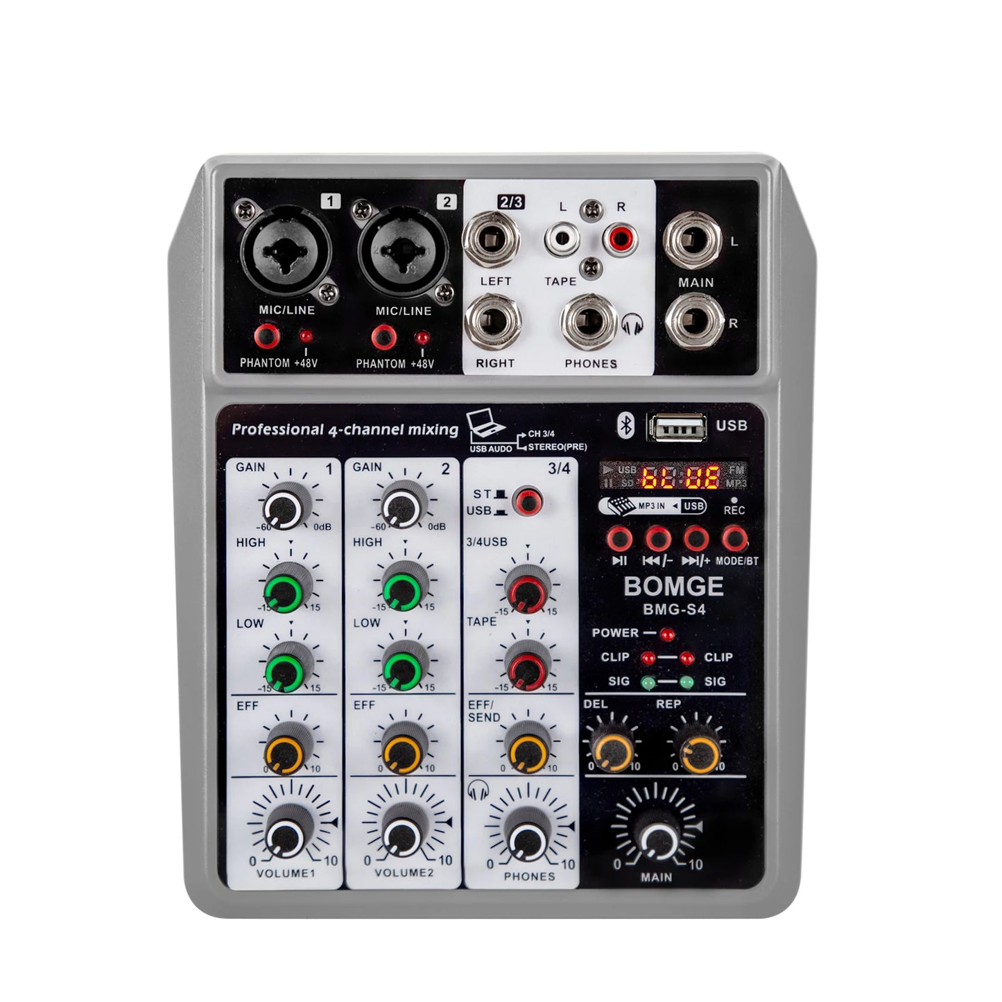 Professional 4 Channel Audio Mixer with USB Bluetooth Echo Delay and 48V Phantom Power