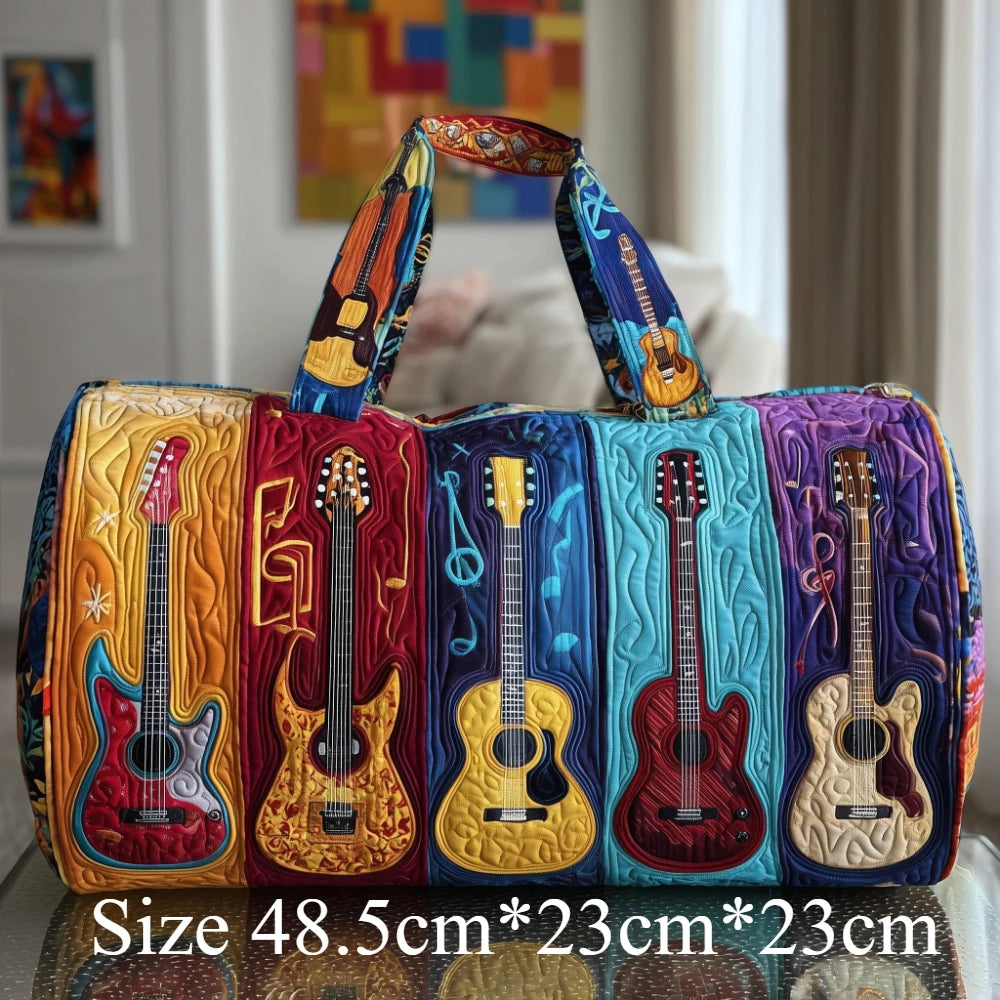 3D Printed Quilted Music Tote Bag Guitar Piano Floral Rose Design Travel Duffle Bag Carry on Luggage Unique Weekender Bag