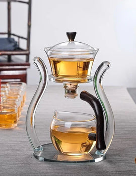 Glass Automatic Lazy Tea Set Crystal Glass Teapot Set Rotating Cover Kung Fu Heat-Resistant Teapot 6 Cups