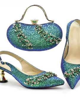 Nigeria Fashion Bag and Mid-Heel Pointed Shoes Girly Party Shoes and Bag Set Decorated with Rhinestone Wedding Shoes Bride