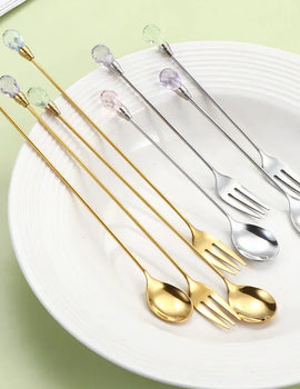 Stainless Steel Diamond Coffee Spoon and Fork Set Creative Crystal Long Handle, Perfect for Desserts, Ice Cream, Cake, and Fruit