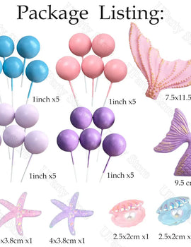 26Pcs Mermaid Birthday Cake Decoration Pink Purple Cake Balls Seashell Memail Tail Cake Toppers for Birthday Shower Favor