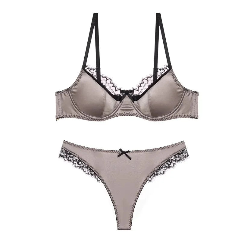 Womens Satin Patchwork Lace Underwire Push Up Bra Set