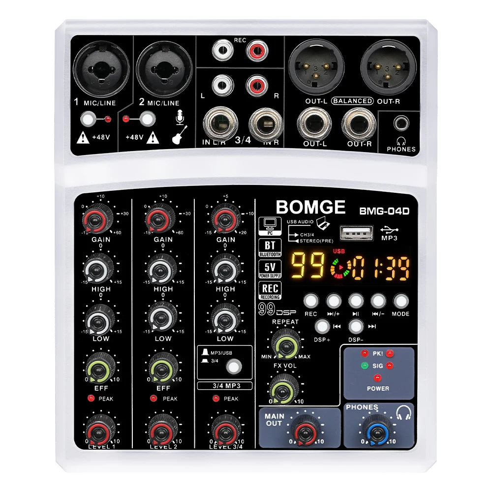 4 Channel Audio Mixer Console with USB 48V Phantom Power and 99 DSP Effects