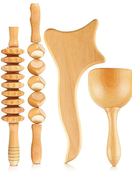 4 In 1 Wooden Therapy Massage Tools Anti Cellulite Massager Muscle Pain Relief Wooden Kit for Body Shaping & Sculpting