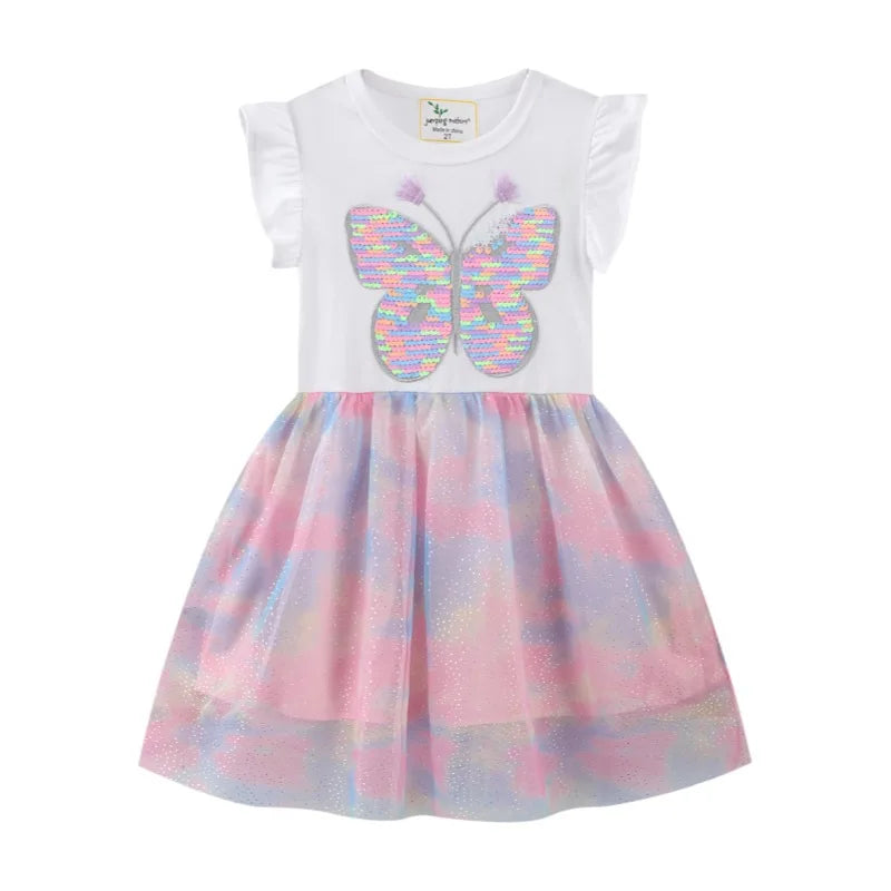Unicorn Butterfly Princess Cotton Dress for Girls Summer Knee Length Dress