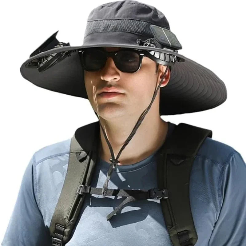 Wide Brim Solar Fan Hat With Dual Fans