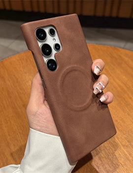 Luxury Leather For MagSafe Wireless Charging Phone Case For Samsung S23 S24 S25 Ultra Lambskin Solid Color Hard Cover