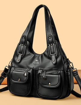 Women Casual Multiple Pockets Tote Bag Lady Large Capacity Shoulder Crossbody Bag Vintage Soft Leather Travel Bag