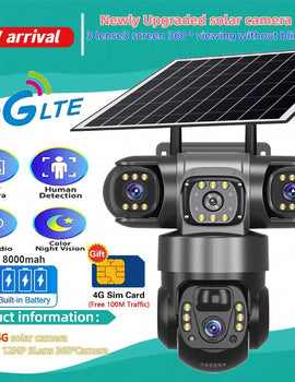 Solar Camera 4G Sim Outdoor 3 Lens 3 Screen 10X Zoom PIR Human Detect Cameras Waterproof Night Vision CCTV Security Protection