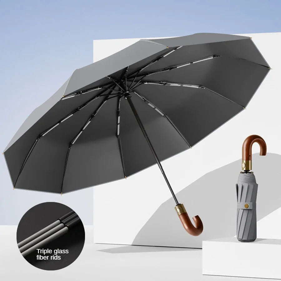 Windproof Automatic Folding Umbrella with UV Protection Curved Handle for Sun and Rain