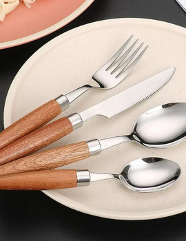 4pcs Wooden Handle Cutlery Set Stainless Steel Knife Fork Spoon Suit Sapele Wooden Western Flatware Dishwasher Safe Kitchen Item