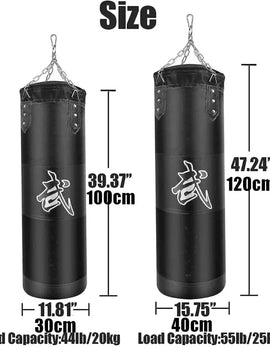 100/120cm Unfilled Heavy Punching Bag Professional Boxing Sandbag with Hanging Accessorie for MMA Muay Thai Kickboxing Taekwondo