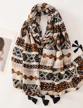 Beige Coffee Scarf Luxury Thin Women Scarves Spring Floral Hijab Veils Soft Cotton Shawl Wrap Tassel Viscose Muslim Woman Hijab